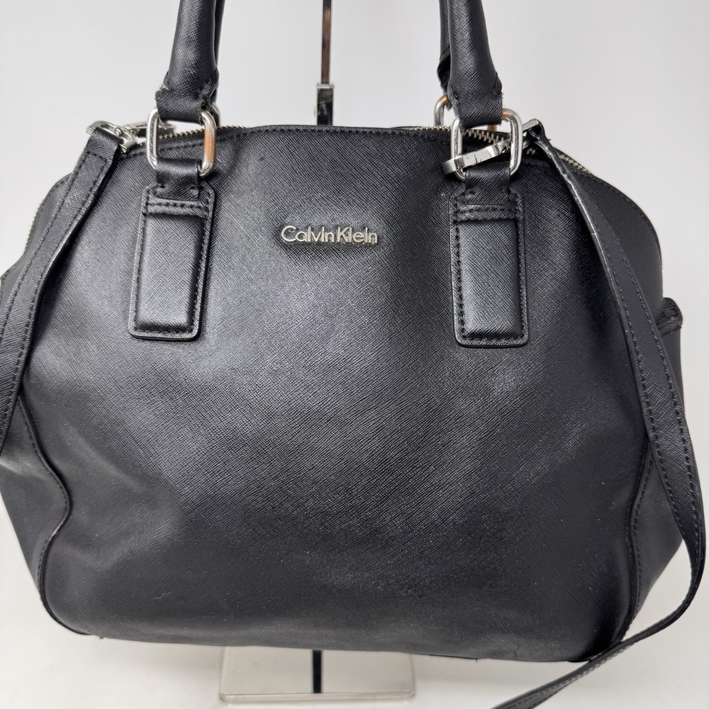 Calvin Klein Women Black Saffiano Leather Doctor Bag Crossbody Bag Stud Feet
